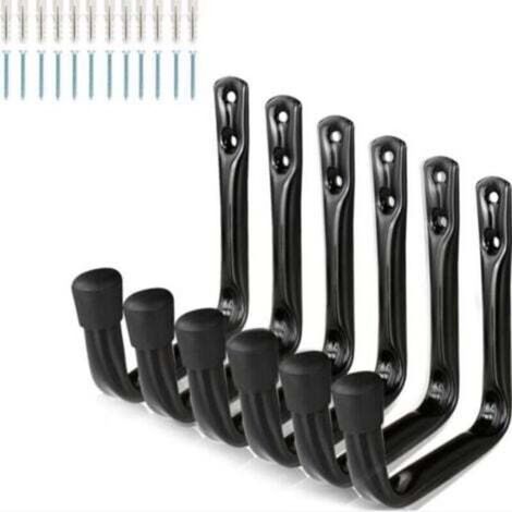 Set of 6 heavy-duty J-shaped hooks for garage storage, steel wall brackets