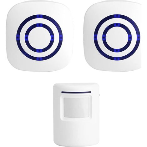 Sonnette d'alarme de porte d'entrée blanche, détecteur de mouvement à capteur infrarouge sans fil avec émetteur et récepteur (1 pour 2), conforme à la réglementation européenne (1/5)