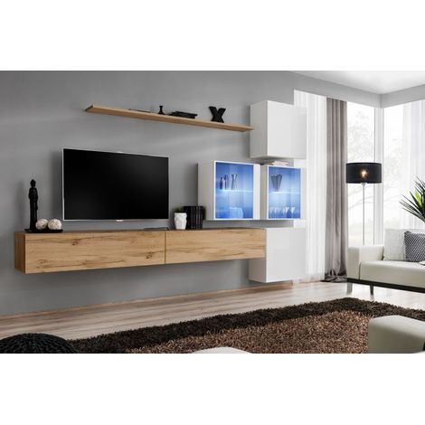Ensemble mural - Switch XIX - 4 vitrines - 2 bancs TV - 1 étagère - Bois et blanc - Modèle 1 - Livraison gratuite