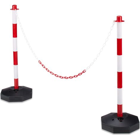 Relaxdays – Poteaux de délimitation avec chaîne – Lot de 2 – Socle remplissable – Dimensions HxLxP 82×28×28 cm – Plastique rouge et blanc