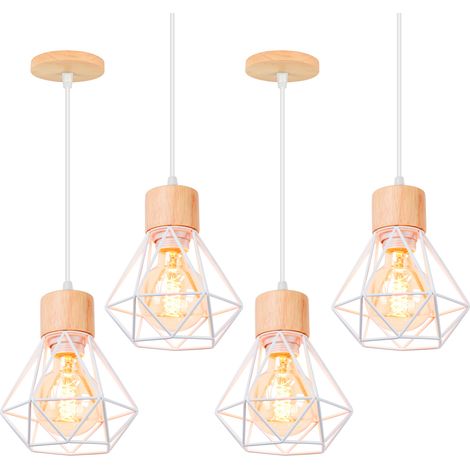 4PCS Pendant Light in Cage Diamond Made of Metal E27 Ceiling Light in Wood for Kitchen Island Dining Room White (1/5)