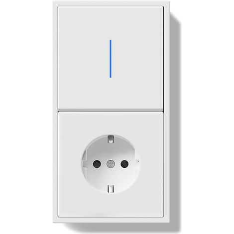 Interrupteur avec Prise, Interrupteur à Bouton Poussoir avec Borne Enfichable, 1 Gang 1 Voie Light Switch avec Voyant LED et Cadre PC, Blanc, 150X80mm (1/5)