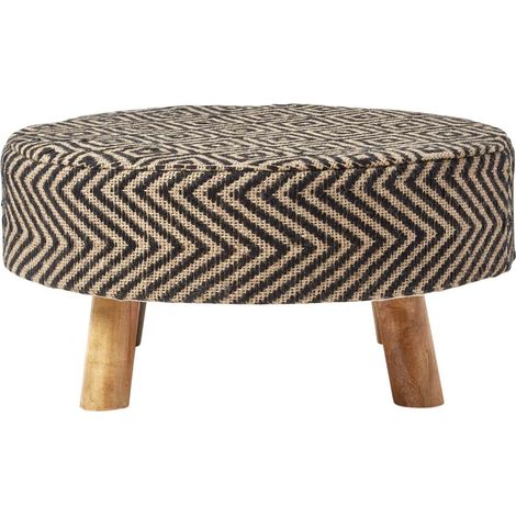 HOMESCAPES Black and Natural Circular Footstool with Diamond Pattern (1/4)