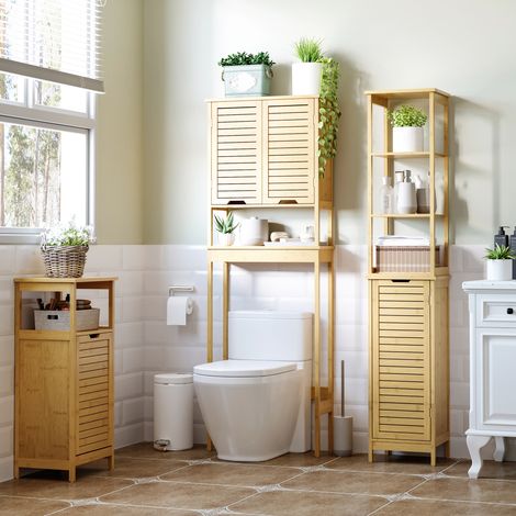 Étagère Salle Bain Armoire Haute Étagères Porte Meuble Rangement Mobilier Intérieur Bambou Naturel 34x30x173cm