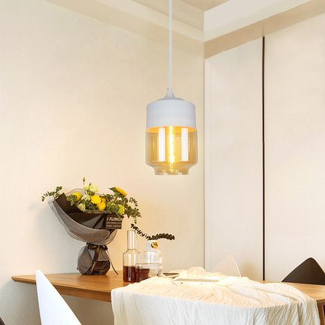 Suspension Luminaire Vintage Industriel Lustre Suspension Abat-jour en Verre Lustre Plafonnier Blanc et Ambre E27 Ø18CM - 1Pcs (1/5)