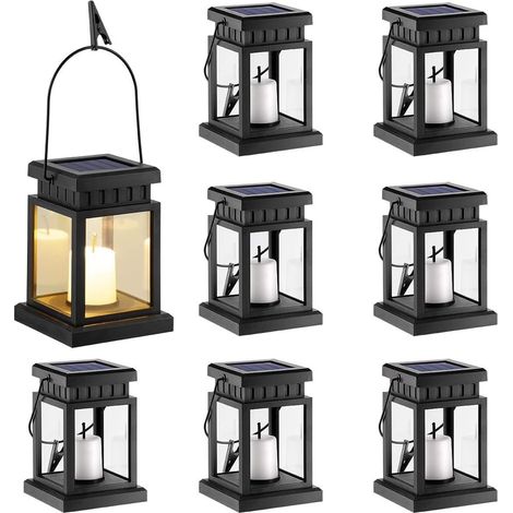Lanterne solaire GIGALUMI, lot de 8, lampe suspendue à effet bougie pour jardin, terrasse, pelouse, patio, parasol, tente, balcon – Blanc chaud [Classe énergétique A] (1/5)