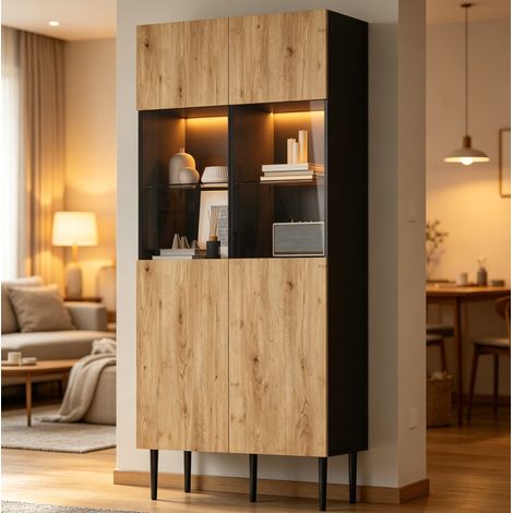 Vitrina 80x35x180 cm negro y natural en MDF, vidrio templado y metal con LED y gran capacidad (1/4)