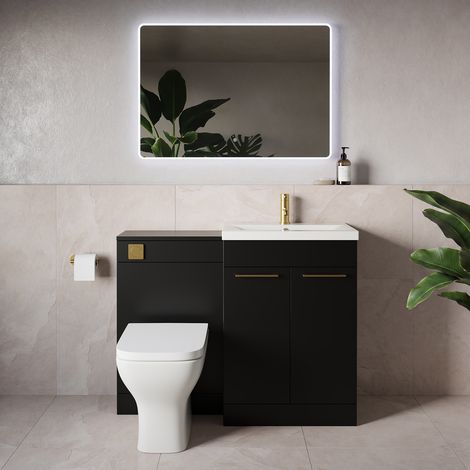 Napoli 390 Matt Black 1100mm 2 Door Vanity Unit Toilet Suite with Glide Basin - 1100mm - Brushed Brass 160mm HandleWith Kingston Toilet Pan and Seat