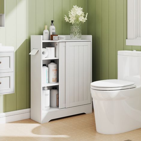 Armoire de Rangement de Salle de Bain Meuble de Sol Mince avec Porte-Papier Toilette Compartiment pour Brosse et Étagères Réglables Blanc (1/5)