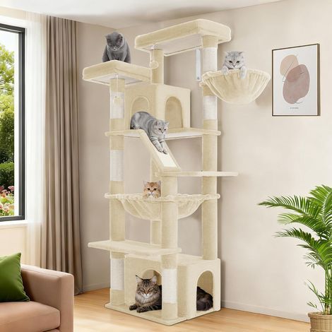 Arbre à chat 183 cm – 2 plateformes et 2 niches – 6 griffoirs en sisal – Panier et hamac confortables – Convient aux grands félins (1/4)