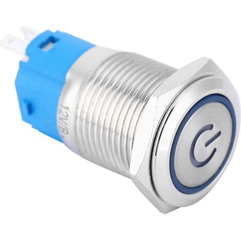Blauer LED-Druckknopfring aus Metall mit flachem, rundem Kopf, Selbstrückstellung und Betriebssymbol, 16 mm (12 V) (1/5)