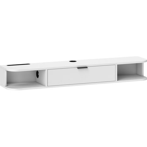 Meuble TV mural blanc 120x24x16cm, support télévision jusqu'à 50 pouces, avec tiroir rabattable et 2 étagères. (1/5)