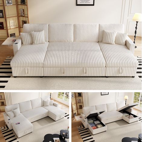 Modulares Schlafsofa, ausziehbares Bett, mit Stauraum, USB und Type C, Cordstoff, Beige (1/5)