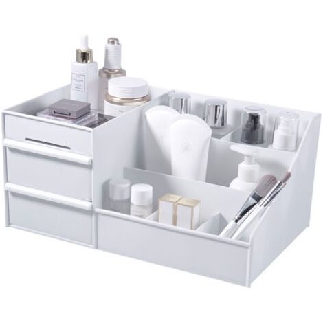 QORVA-Desktop Makeup Organizer Drawers, Coffre de rangement de produits de beauté Bureau de bureau Organiseur Papeterie de bureau Boîte de rangement Organisateur de maquillage (Blanc) (1/5)