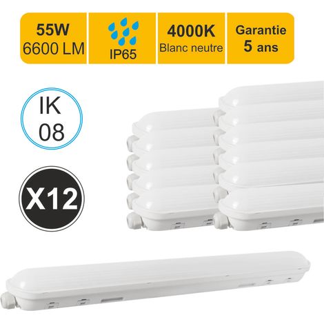 Lot de 12 réglettes LED étanche 1500mm 55W 6600 LM 4000K IP65 - interconnectable - garantie 5 ans
