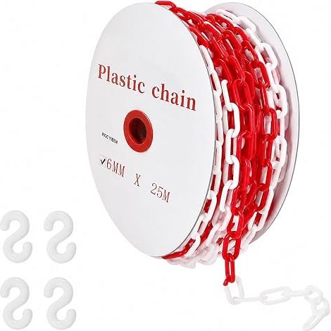 Chaîne de barrière rouge et blanc en plastique, 6 mm x 25 m, chaîne d'avertissement en plastique avec 4 crochets en S, chaînes de barrière pour chantier, parking, files d'attente et entretien des (1/5)