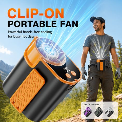 Tragbarer Gürtelventilator 1800mAh, USB Wiederaufladbar, LED-Display, Integrierte Taschenlampe, Clip-Ventilator für Outdoor und Arbeit (1/5)