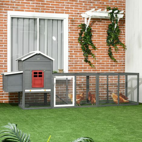 Großer Hühnerstall aus Holz für den Außenbereich (300 x 66 x 116 cm) mit Nistkasten, Auslauf, herausnehmbarer Wanne, Asphalt-Dach, Rampe, Grau