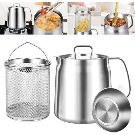 Olla con filtro de aceite de acero inoxidable de 2L, contenedor de grasa de tocino con colador y canasta para freidora, colador de aceite 2 en 1, colador, separador de aceite, almacenamiento, ayudante (1/5)