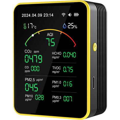 Detector de calidad del aire doméstico 15 en 1: mide CO2, PM2.5, COV, agua, consumo eléctrico, temperatura, humedad, pantalla a color, autocalibración. (1/5)