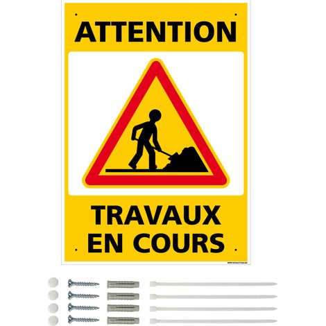 Panneau de signalisation prépercé PVC ou ALU rectangulaire + kit de fixation - Attention, travaux en cours - PVC 1 mm - 300 x 420 mm