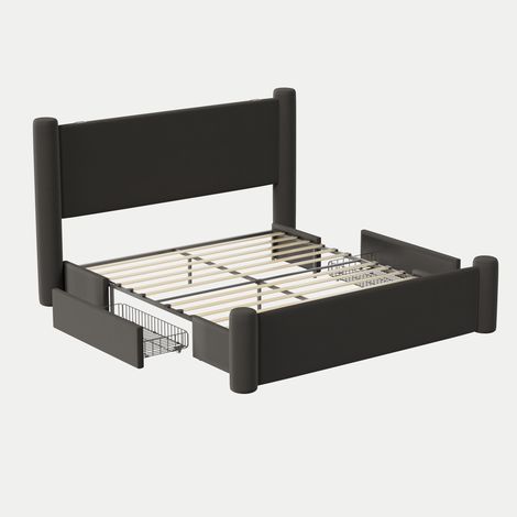 Estructura de cama doble negra de 160 x 200 cm con cabecero tapizado con diseño de columnas 3D, 2 cajones y puerto USB integrado, que aporta comodidad y estilo a tu dormitorio (sin colchón). (1/5)