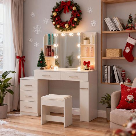 Table maquillage miroir LED, tiroirs MDF blanc HAVRYA (1/5)