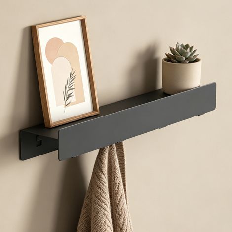 doporro Wandgarderobe mit Ablage, Garderobenleiste 40 cm mit 4 Garderobenhaken Sandschwarz, Hakenleiste aus Metall，Kleiderhaken Wand zum Schrauben oder Kleben, Flurgarderobe für Flur, Bad, Küche, Stal