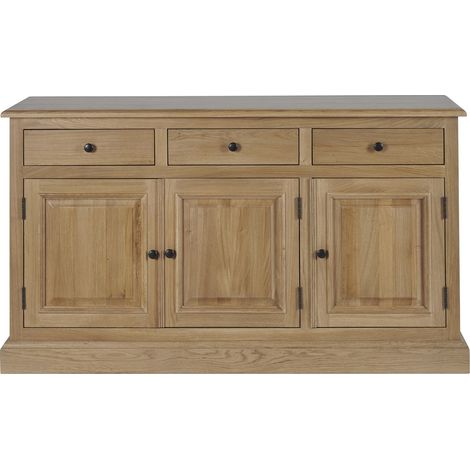 Hellin – Buffet bas 3 portes 3 tiroirs en chêne massif patiné – Dimensions L 152 x P 42 x H 85 cm – Rangement traditionnel avec charnières bois