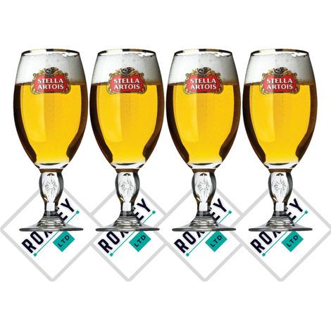 Stella Artois - Lot de 4 verres demi-pinte 28 cl + sous-verres - Roxley