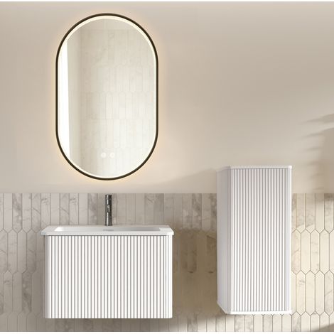 Mueble de baño mural 60 cm con lavabo, espejo LED antivaho y armario lateral blanco DESVIAE (1/5)