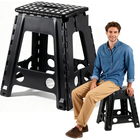 Tabouret Pliant 45 cm Noir – Marche Pied Pliable Portable, Antidérapant, Gain de Place, Idéal pour Maison, Salle de Bain, Jardin, Camping et Voyage (1/5)
