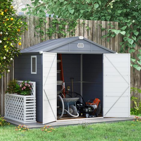 Abri de jardin 4,1 m³ en plastique gris 240 x 190 x 228 cm, porte verrouillable, REDOM (1/5)