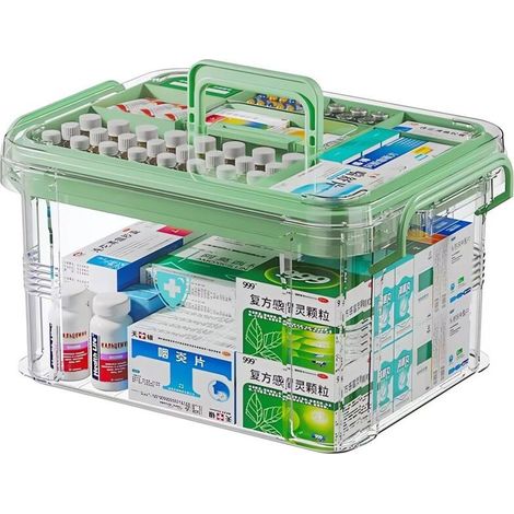 Boîte à Médicaments,Boite Rangement Medicament 2 Couches, boîte à Pharmacie en Plastique Transparent Visible avec poignées,Rangement de la boîte à médicaments à la Maison (1/5)