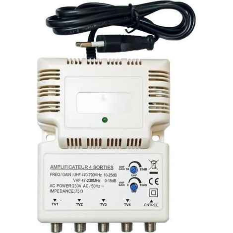 AMPLIFICATEUR TNT BLINDE 4 SORTIES ampli d'intérieur antenne tv 220V Gain 10 à 25dB