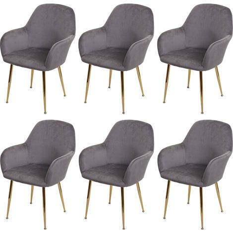6er-Set Esszimmerstuhl HHG-240, Stuhl Küchenstuhl, Retro Design Samt grau, goldene Beine