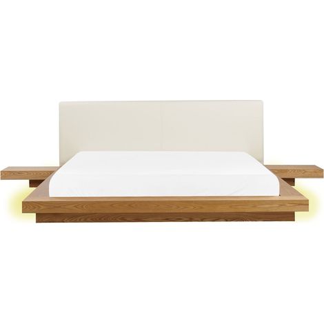 LED-Bett Naturfarbene Esche Kunstleder u. MDF-Platte Holzfurnier Lattenrost 180x200 cm 2 Nachttische Hohes Kopfteil Japanischer Stil Futonbett