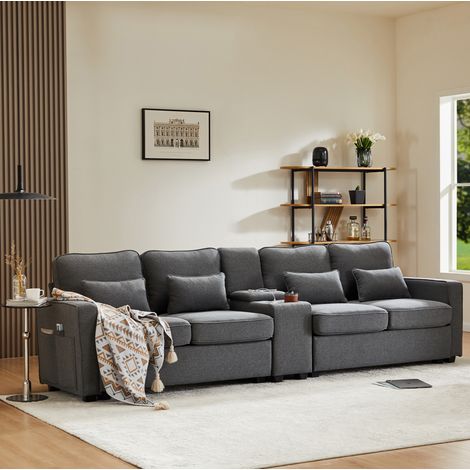 Canapé droit 4 places en tissu gris foncé, avec console, 2 porte-gobelets, ports USB et rangements latéraux, 4 coussins lombaires, style moderne – CHICFURN (1/5)