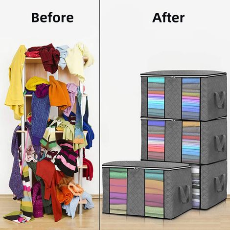 Paquete de 4 bolsas plegables de gran capacidad para guardar ropa, con ventana transparente, asa reforzada, tela gruesa para edredones, mantas y ropa de cama, cremallera resistente (gris) - Crezuo