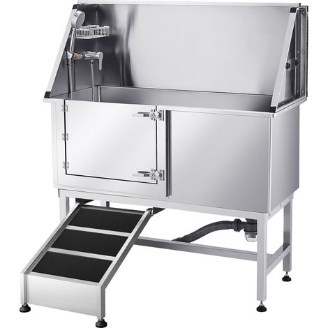 Baignoire de toilettage pour chien en acier inoxydable 127 cm avec rampe d'accès et porte à gauche, station de lavage pour animaux. (1/5)
