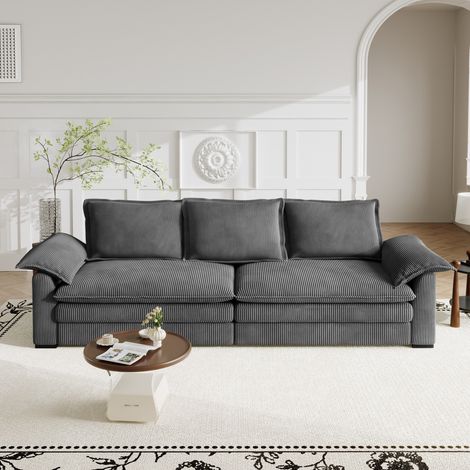 Divano a 3 posti in velluto a coste, divano da soggiorno con 2 cuscini per braccioli, sfoderabili e lavabili, facile da montare, 265x86x88 cm, grigio, per soggiorno e ufficio (1/5)