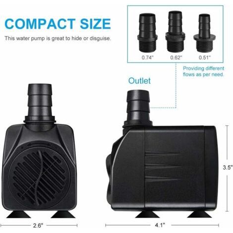 Pompe Eau Submersible, 65w 3000l / H Mini Pompe Aquarium,Ajustable Pompe Fontaine Pour Étang Fontaine Réservoir De Poissons Avec 3 Buses, Cordon De 3m (Bruit De 20 À 30 Db) (1/4)