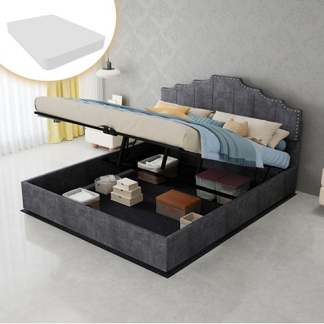 Bett modern gepolstert grau 160x200 cm mit geometrischem Kopfteil, Bettkasten mit Gasdruckfeder und Matratze