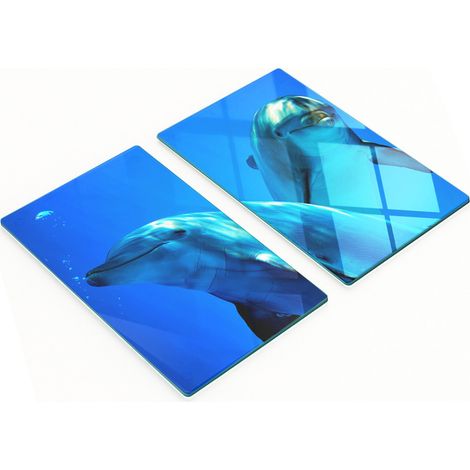 Tablas de servir de cristal para cocina con dibujos de dos delfines, 2x30x52 cm.