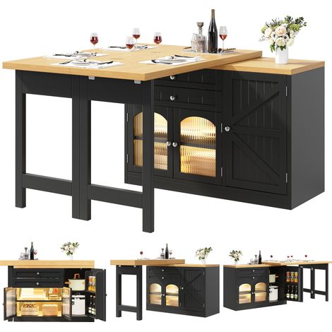 îlot de cuisine extensible,120-194x40x73,5cm,table à manger rotation 360°Avec 2 tiroirs et étagères snacks,Noir (1/5)