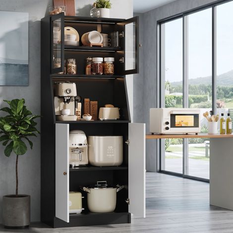 Credenza alta design nero, mobile contenitore 70 x 40 x 180 cm, vetrina in vetro temperato, illuminazione LED e nicchia per piccoli elettrodomestici