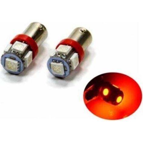 (Red) BA9S LED with 5 SMD5050 chips, pack of 2, T4W shape, silver-grey, red light, pack of 2