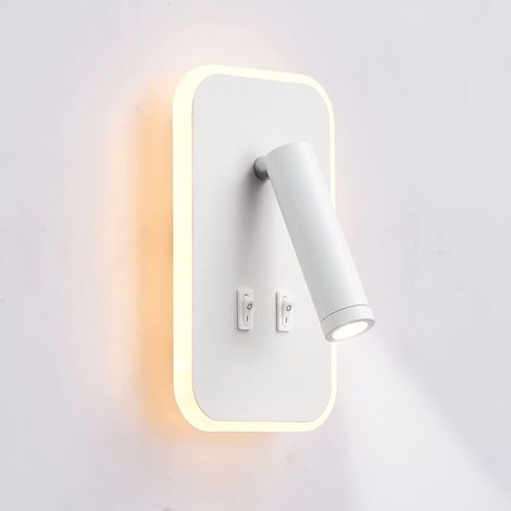 Aplique de pared LED, luz de lectura para mesita de noche, apliques de lectura de pared LED de 12 W, foco ajustable (3 W + 9 W, luz cálida de 3000 K) (rectángulo blanco) dyk-alovez (1/4)