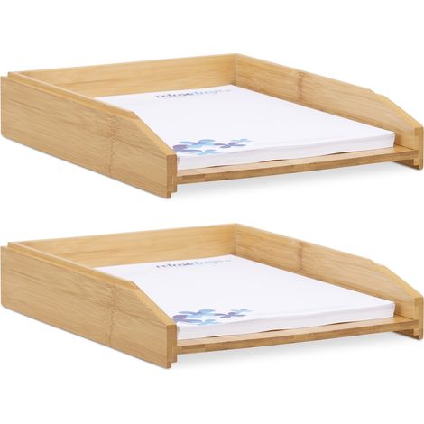 2 Bandejas de correo, Apilables, DIN A4, Organizadores de escritorio, Bambú, 6 x 25 x 33 cm, Marrón Natural