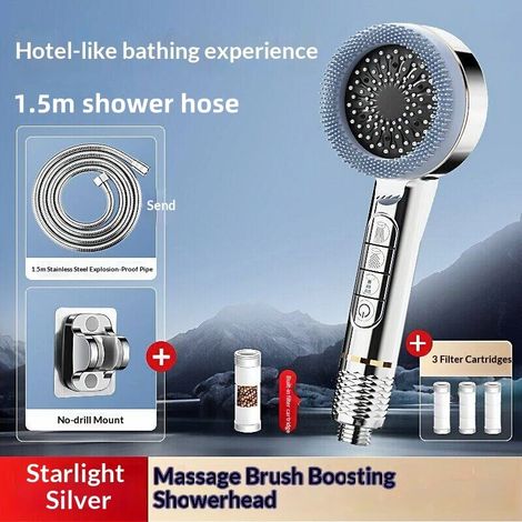 (Ensemble argenté 3 pièces) Pommeau de douche multifonction à 4 modes de pression, réglable, avec large jet et fonction massage, accessoire de salle de bain (1/5)